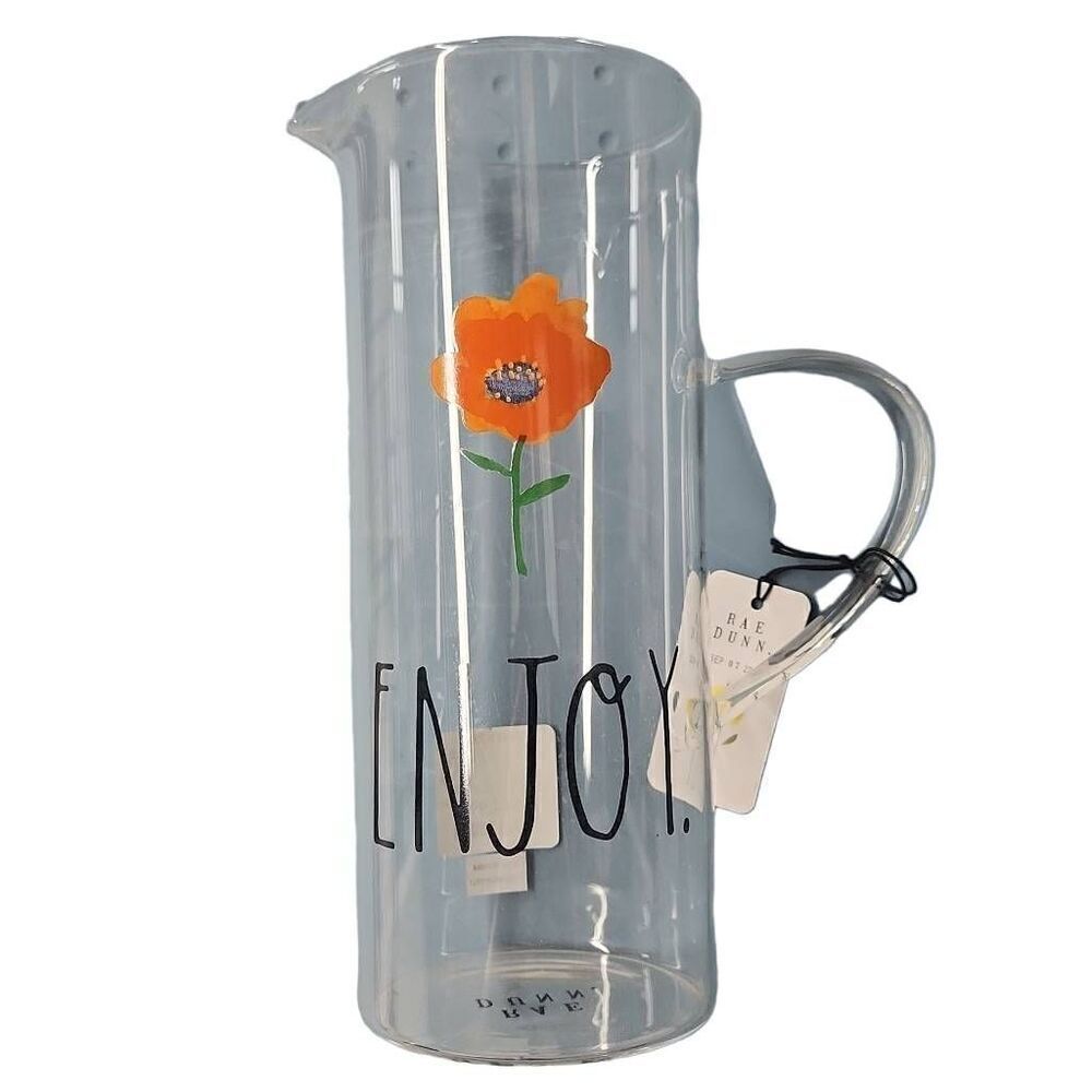 Rae Dunn Enjoy Orange Flower Clear Glass Pitcher
